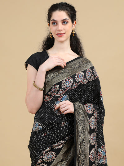 Ajrak Dola Silk Saree with Dotted Black Base, Floral Motifs, and Intricate Paisley Border