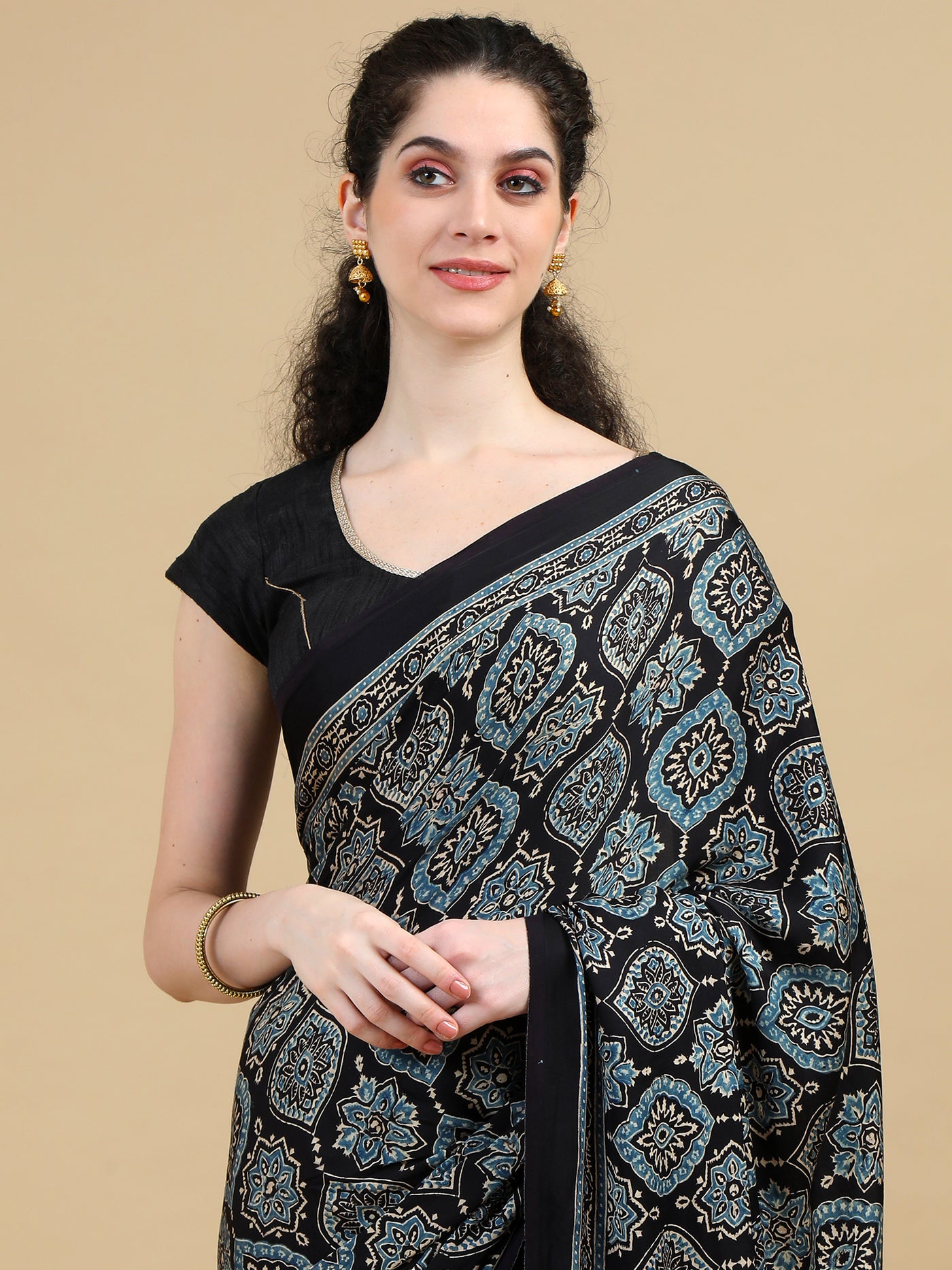 Ajrak Pure Modal Silk Hand Block Printed Saree with Traditional Motifs