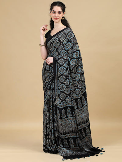 Ajrak Pure Modal Silk Hand Block Printed Saree with Traditional Motifs