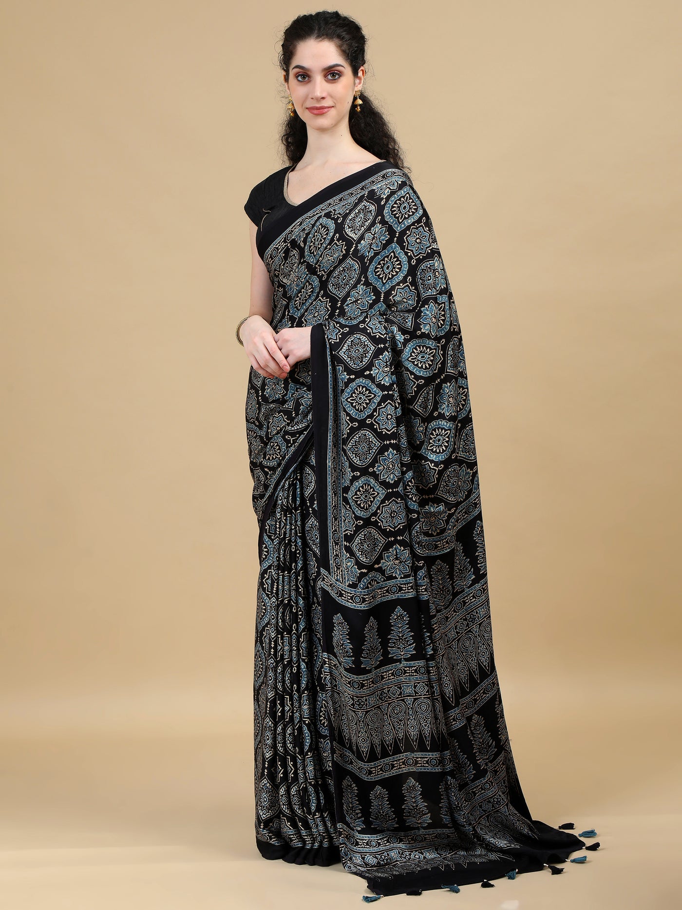 Ajrak Pure Modal Silk Hand Block Printed Saree with Traditional Motifs