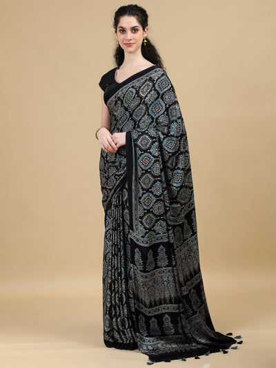 Ajrak Pure Modal Silk Hand Block Printed Saree with Traditional Motifs