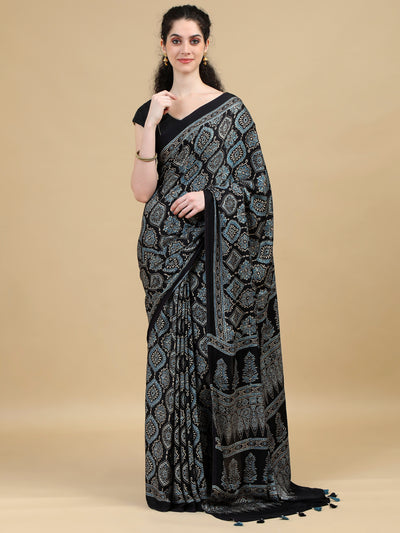 Ajrak Pure Modal Silk Hand Block Printed Saree with Traditional Motifs