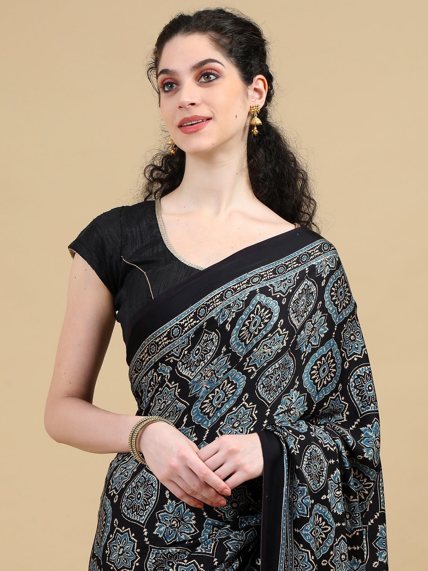 Ajrak Pure Modal Silk Hand Block Printed Saree with Traditional Motifs