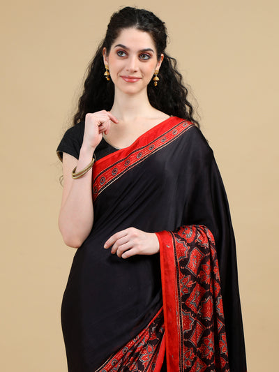 Black & Red Ajrak Modal Silk Saree with Ornate Red Borders