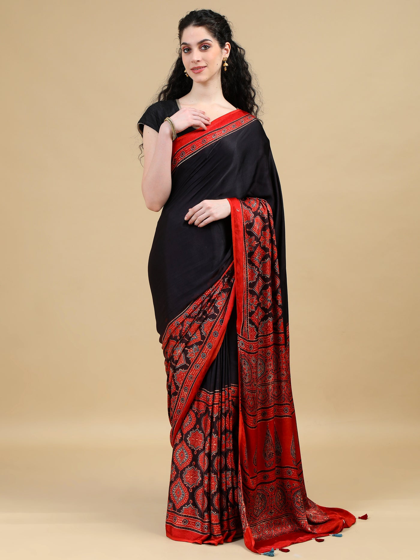 Black & Red Ajrak Modal Silk Saree with Ornate Red Borders