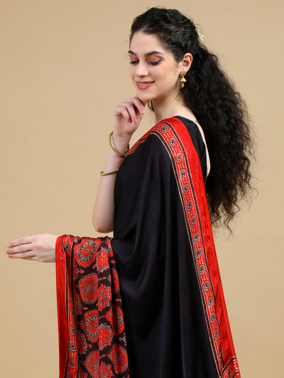 Black & Red Ajrak Modal Silk Saree with Ornate Red Borders