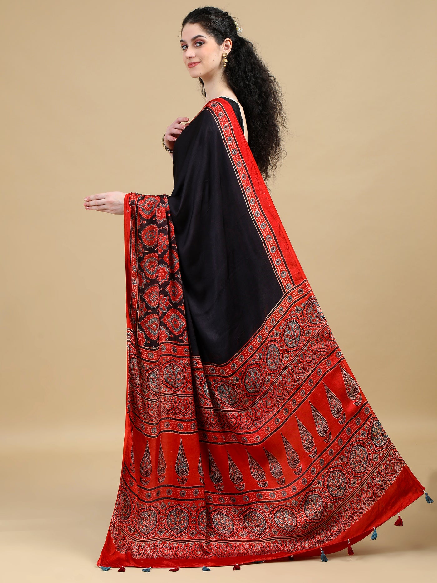 Black & Red Ajrak Modal Silk Saree with Ornate Red Borders