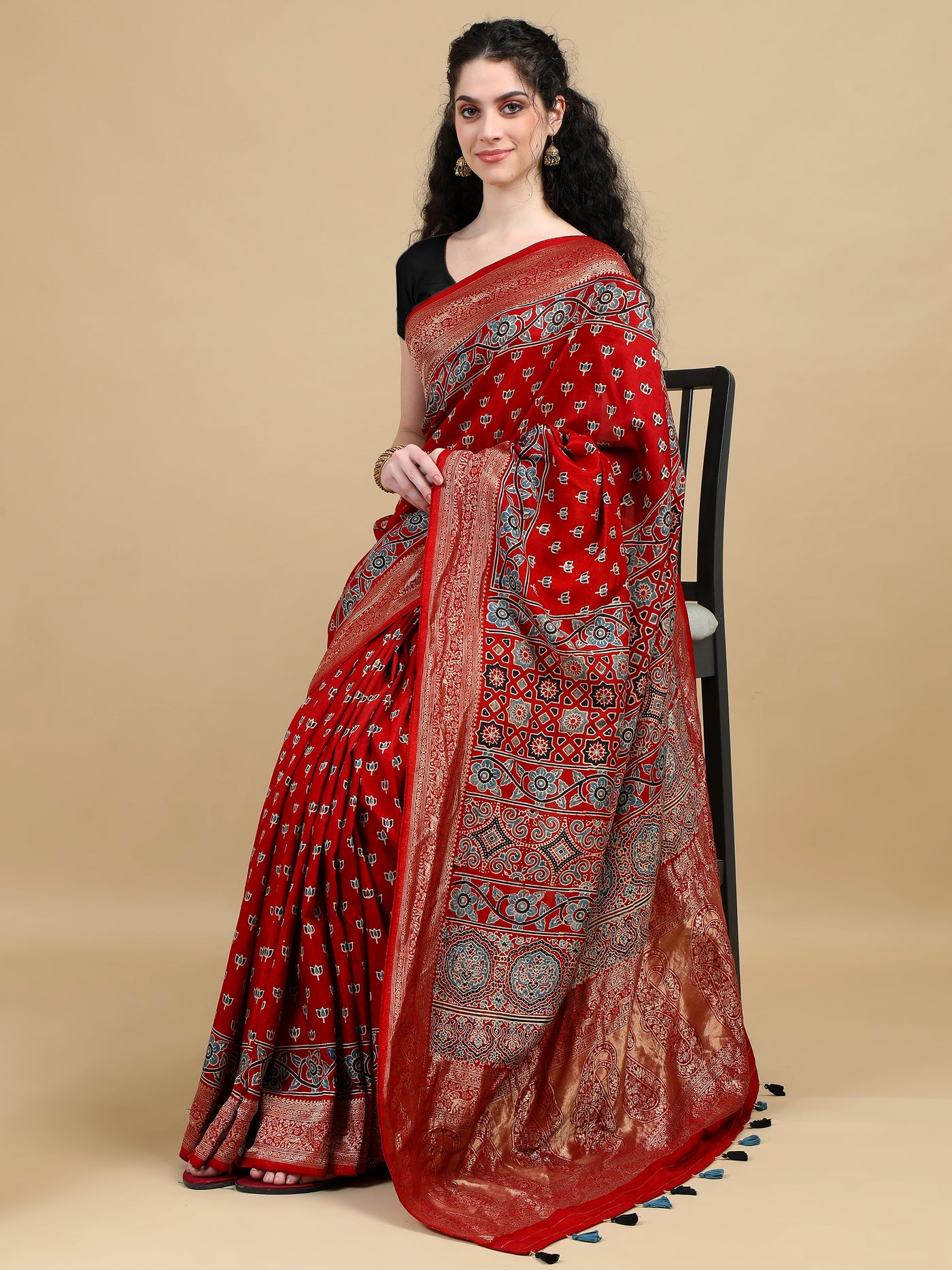 Red Hand Block Printed Ajrak Saree in Dola Silk