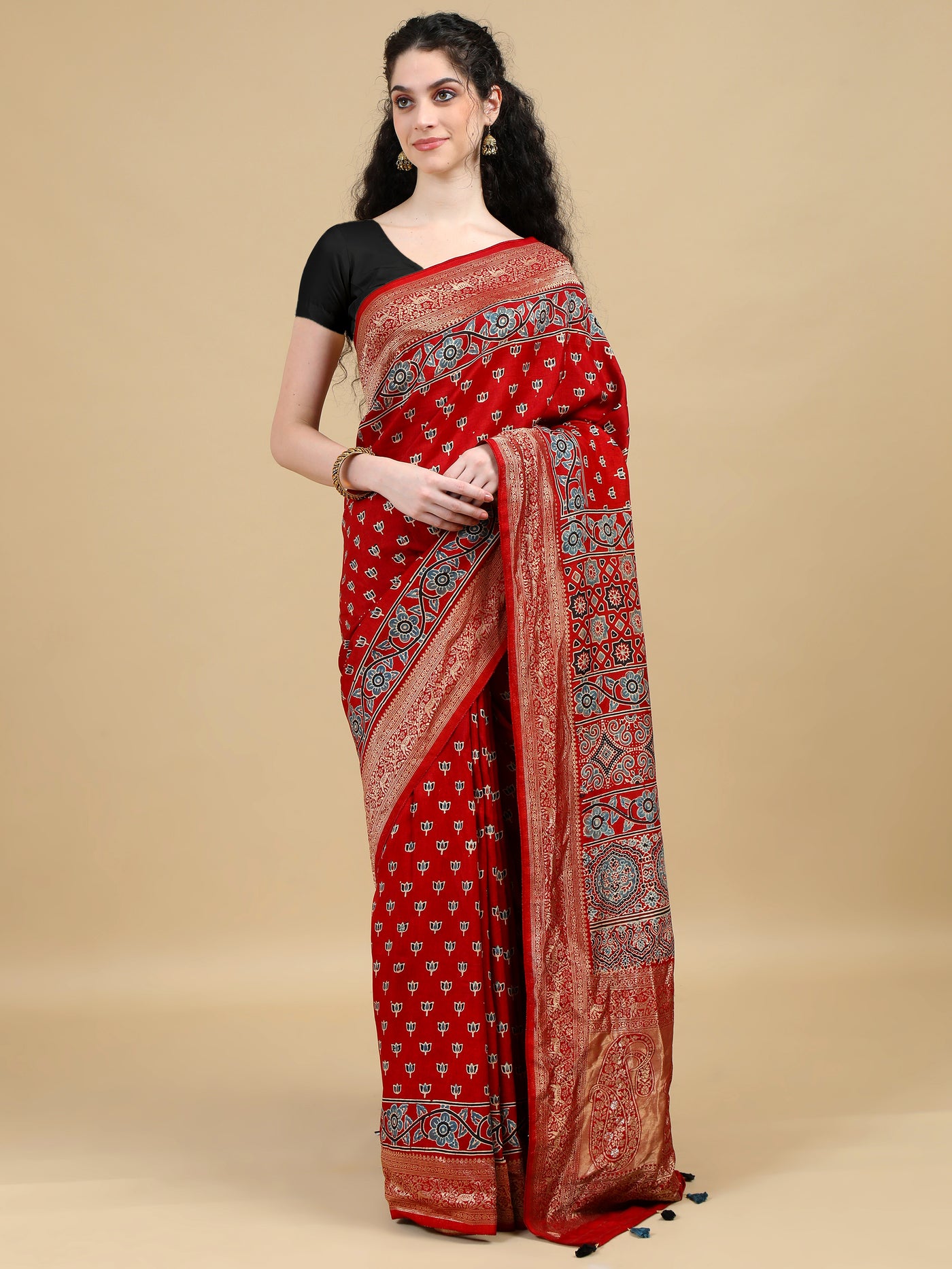 Red Hand Block Printed Ajrak Saree in Dola Silk