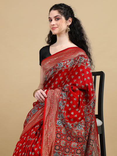 Red Hand Block Printed Ajrak Saree in Dola Silk