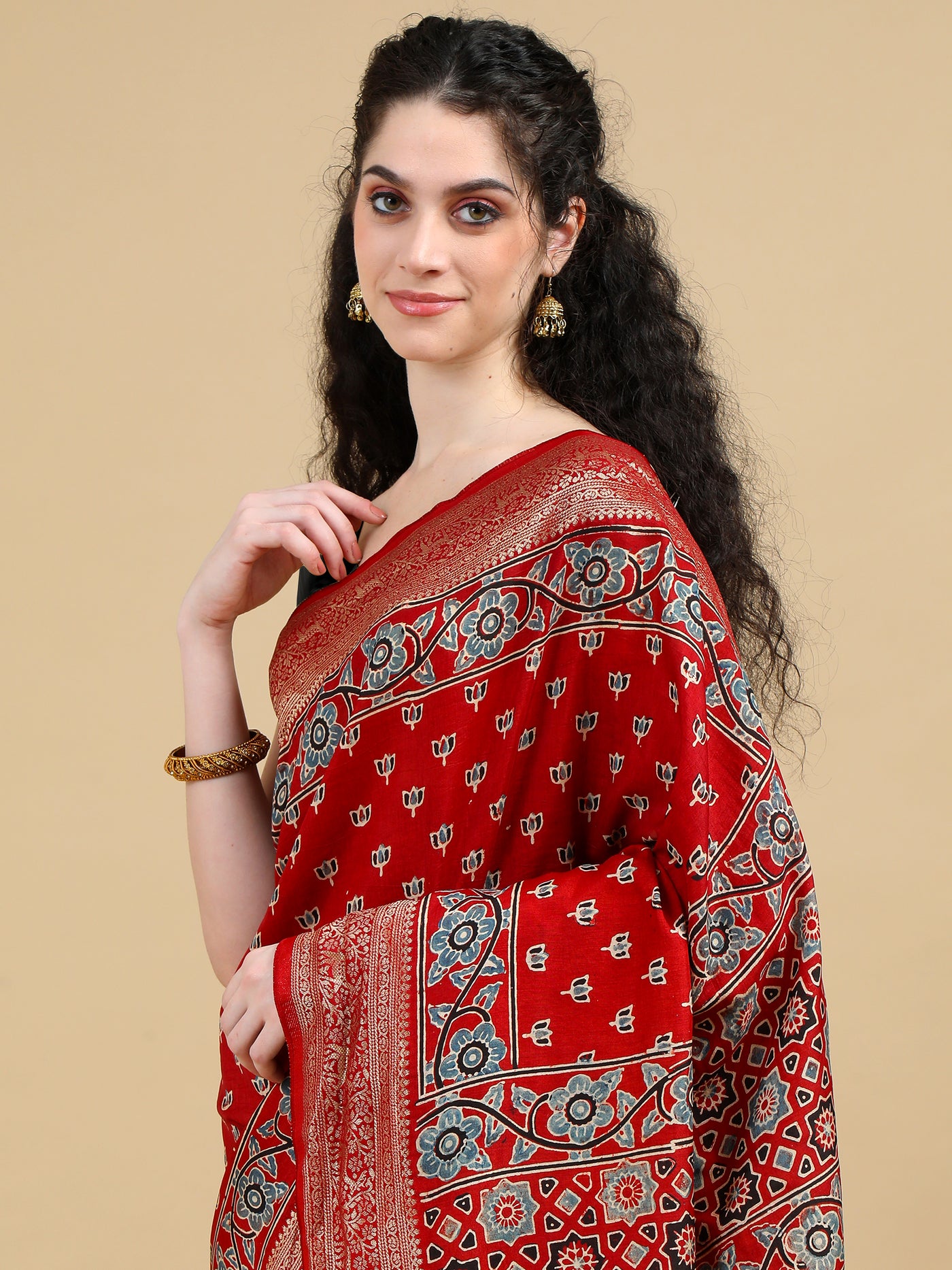 Red Hand Block Printed Ajrak Saree in Dola Silk