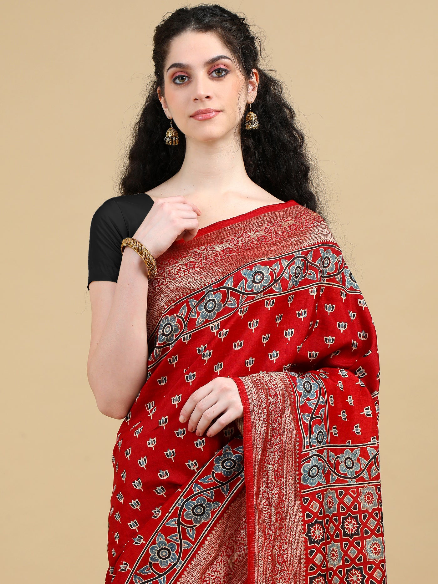 Red Hand Block Printed Ajrak Saree in Dola Silk