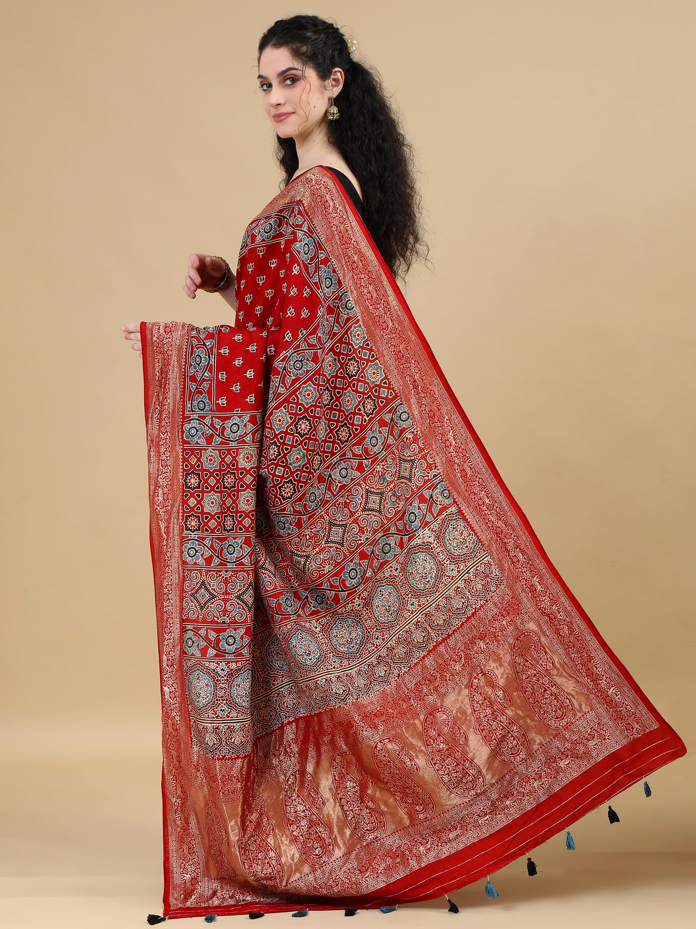 Red Hand Block Printed Ajrak Saree in Dola Silk