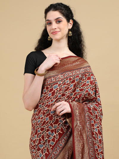 Ajrak Hand Block Print Maroon Dola Silk Saree with Zari Border