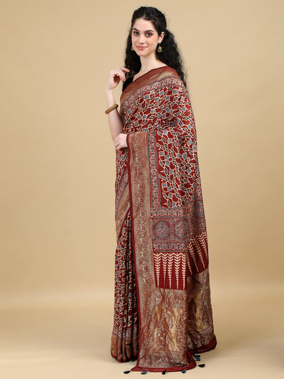 Ajrak Hand Block Print Maroon Dola Silk Saree with Zari Border