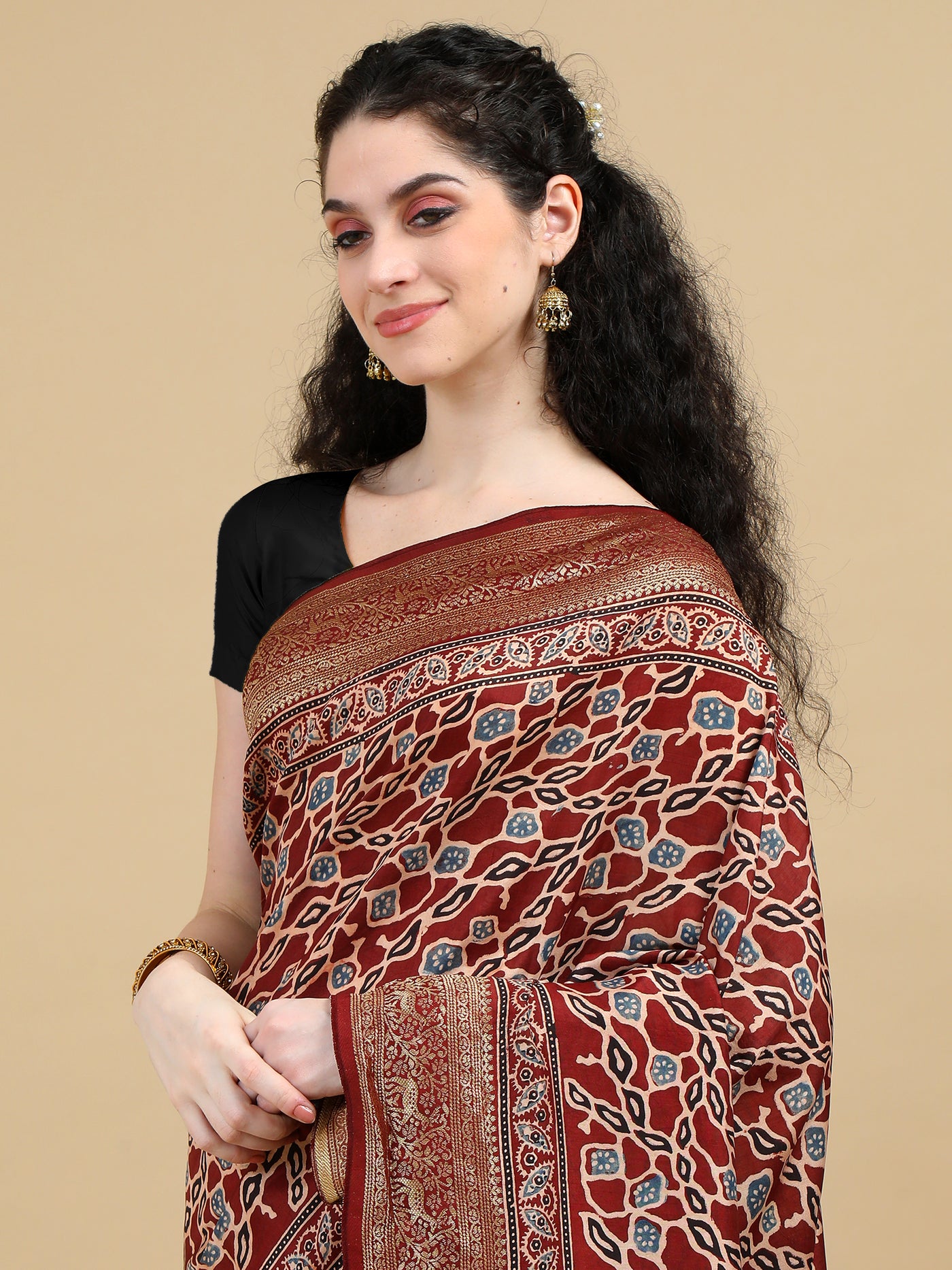 Ajrak Hand Block Print Maroon Dola Silk Saree with Zari Border