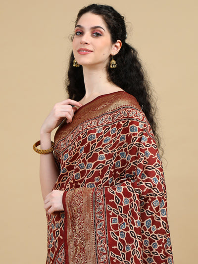 Ajrak Hand Block Print Maroon Dola Silk Saree with Zari Border