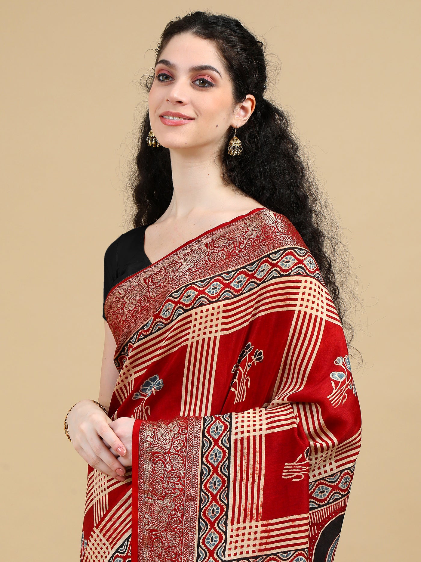 Red Ajrak Hand Block Printed Dola Silk Saree with Zari Border