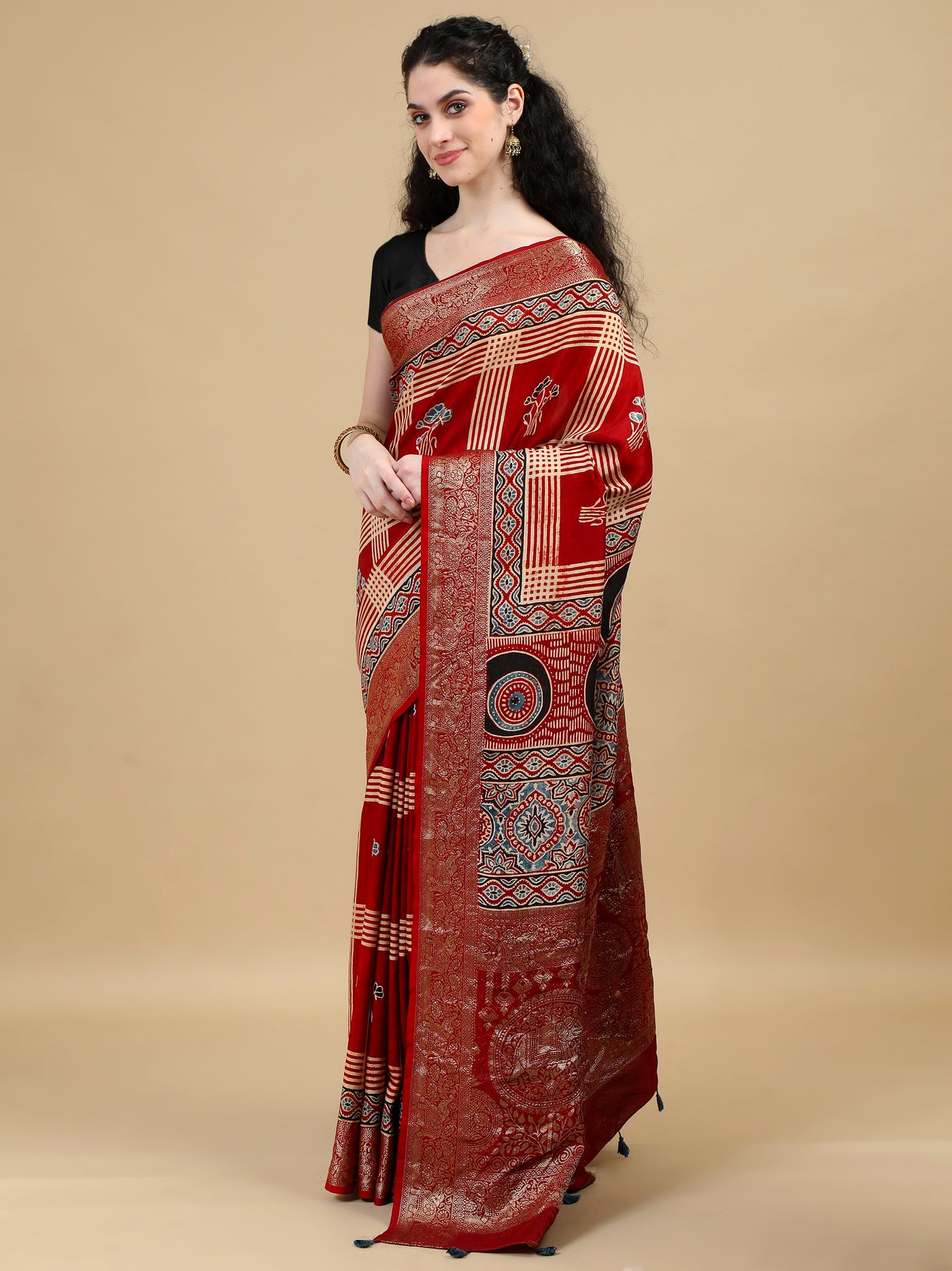 Red Ajrak Hand Block Printed Dola Silk Saree with Zari Border