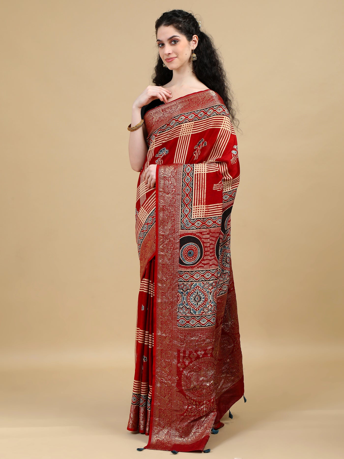 Red Ajrak Hand Block Printed Dola Silk Saree with Zari Border