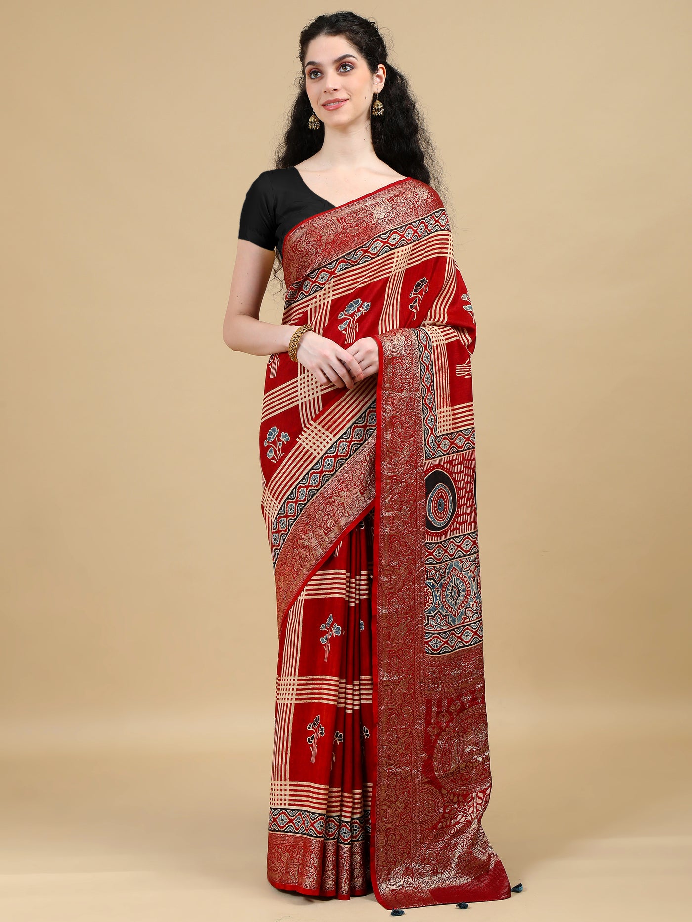 Red Ajrak Hand Block Printed Dola Silk Saree with Zari Border