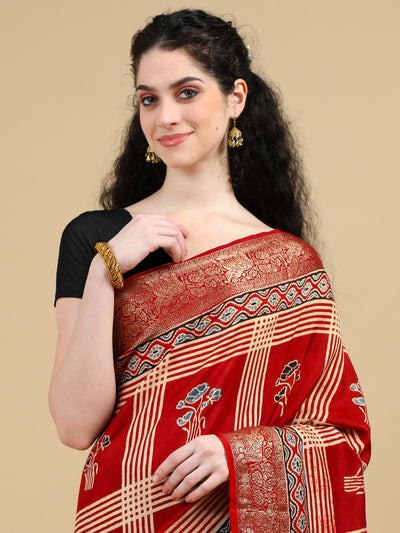 Red Ajrak Hand Block Printed Dola Silk Saree with Zari Border