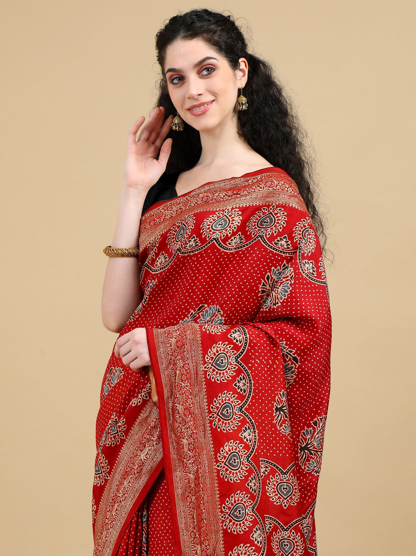 Red Ajrak Hand Block Printed Pure Dola Silk Saree with Zari Border and Paisley Print