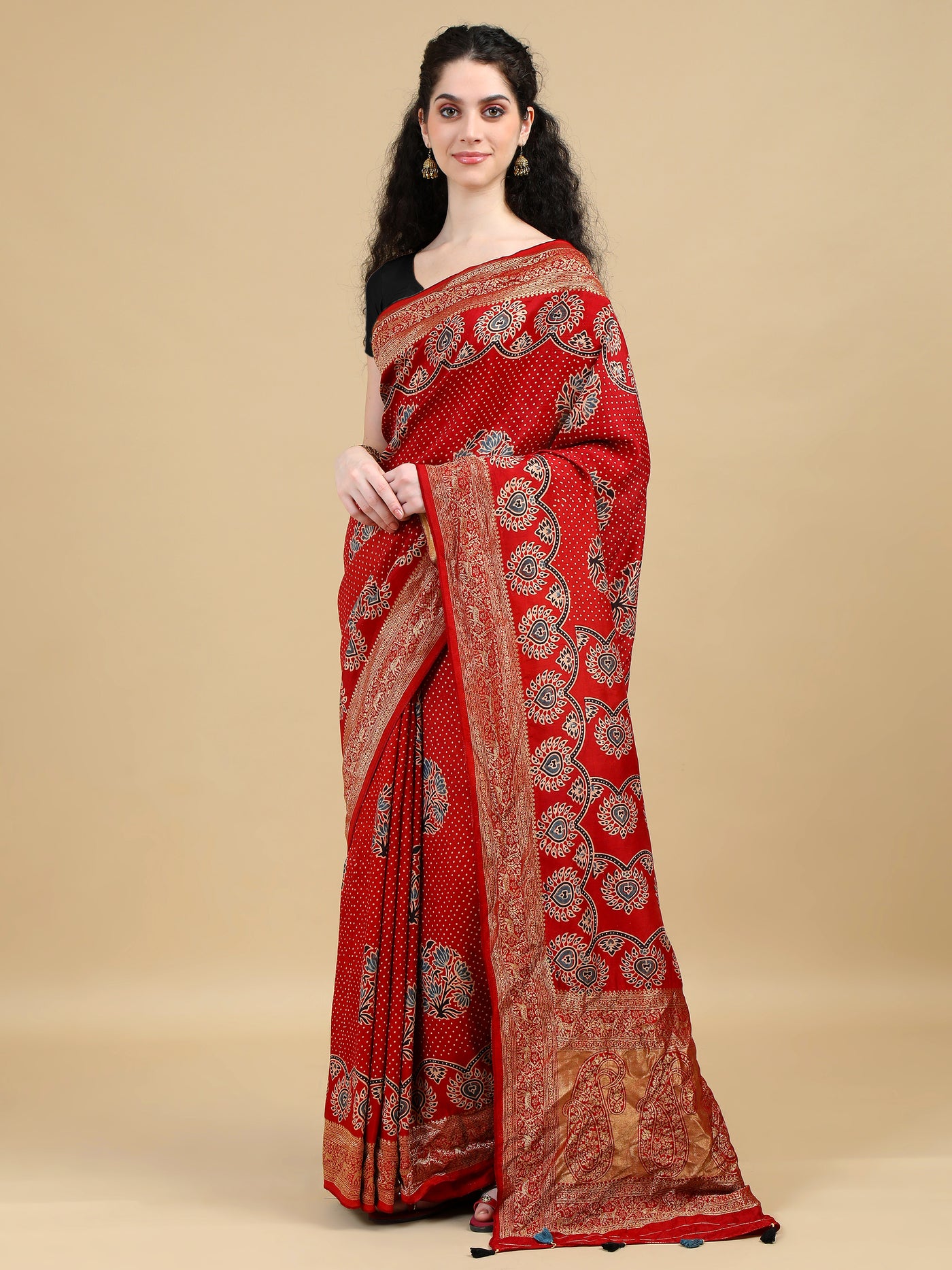 Red Ajrak Hand Block Printed Pure Dola Silk Saree with Zari Border and Paisley Print