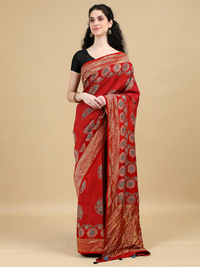 Red Ajrak Hand Block Printed Pure Dola Silk Saree with Zari Border and Paisley Print