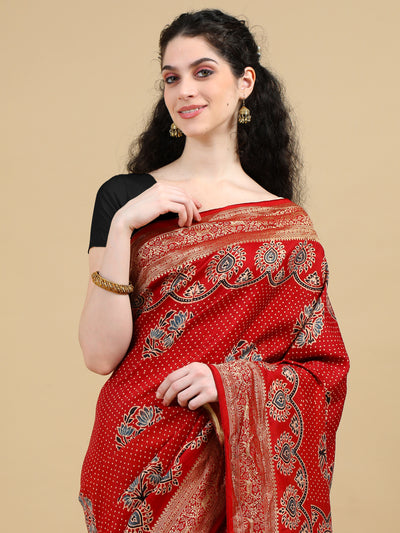 Red Ajrak Hand Block Printed Pure Dola Silk Saree with Zari Border and Paisley Print