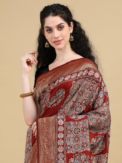 Ajrak Hand Block Printed Red Dola Silk Saree with Zari Border