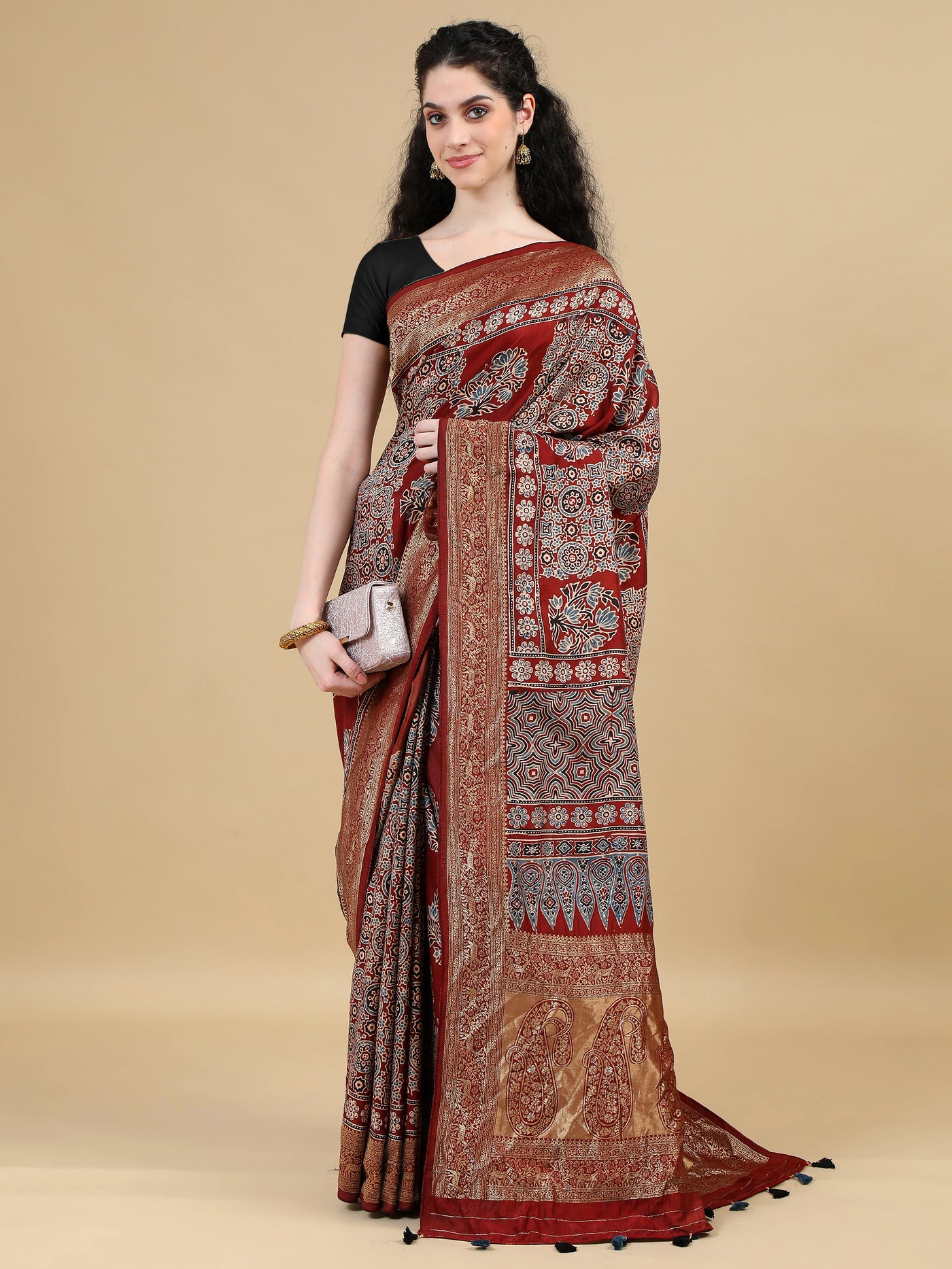 Ajrak Hand Block Printed Red Dola Silk Saree with Zari Border