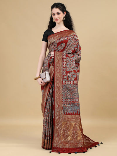 Ajrak Hand Block Printed Red Dola Silk Saree with Zari Border