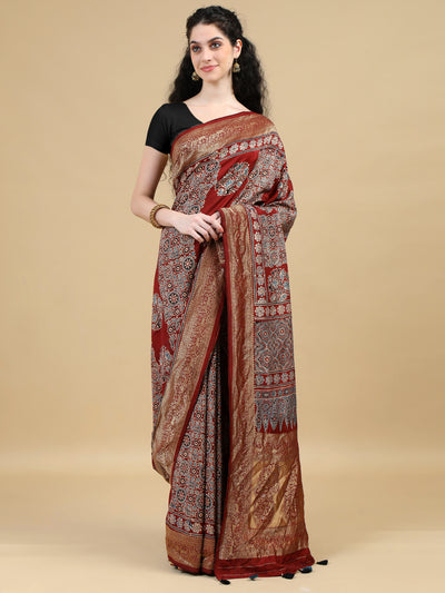 Ajrak Hand Block Printed Red Dola Silk Saree with Zari Border