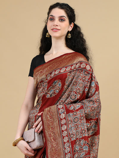 Ajrak Hand Block Printed Red Dola Silk Saree with Zari Border