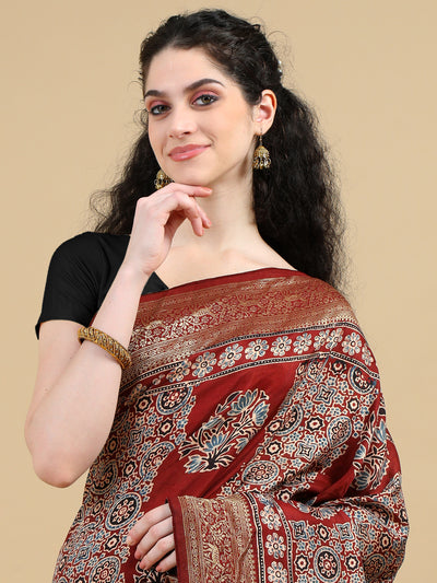 Ajrak Hand Block Printed Red Dola Silk Saree with Zari Border