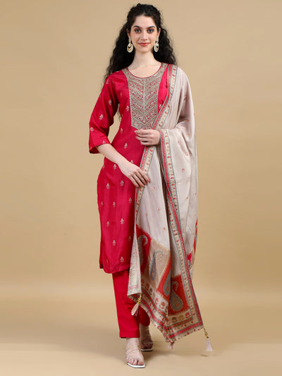 Red Kurta Suit with Gold Accents and Contrasting Dupatta