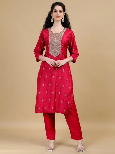 Red Kurta Suit with Gold Accents and Contrasting Dupatta