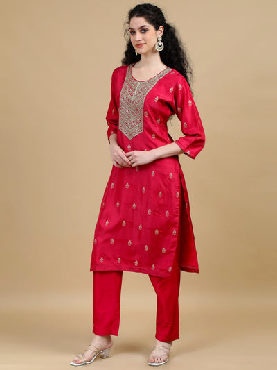 Red Kurta Suit with Gold Accents and Contrasting Dupatta