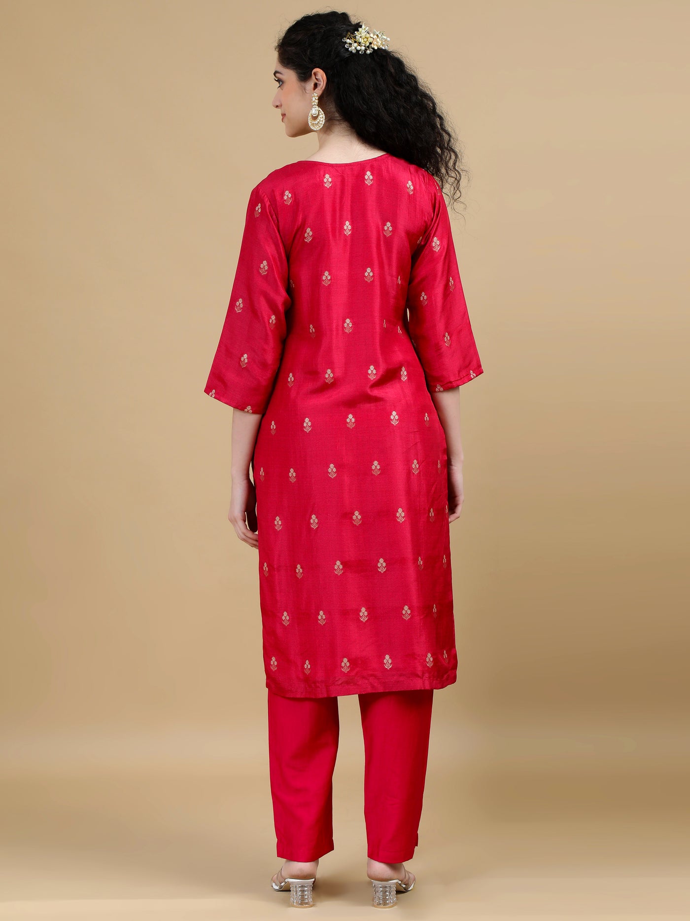 Red Kurta Suit with Gold Accents and Contrasting Dupatta