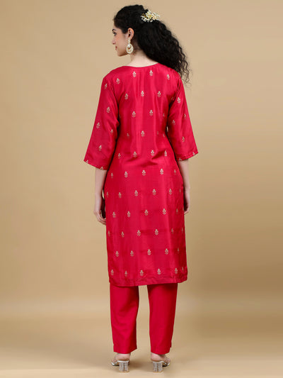 Red Kurta Suit with Gold Accents and Contrasting Dupatta