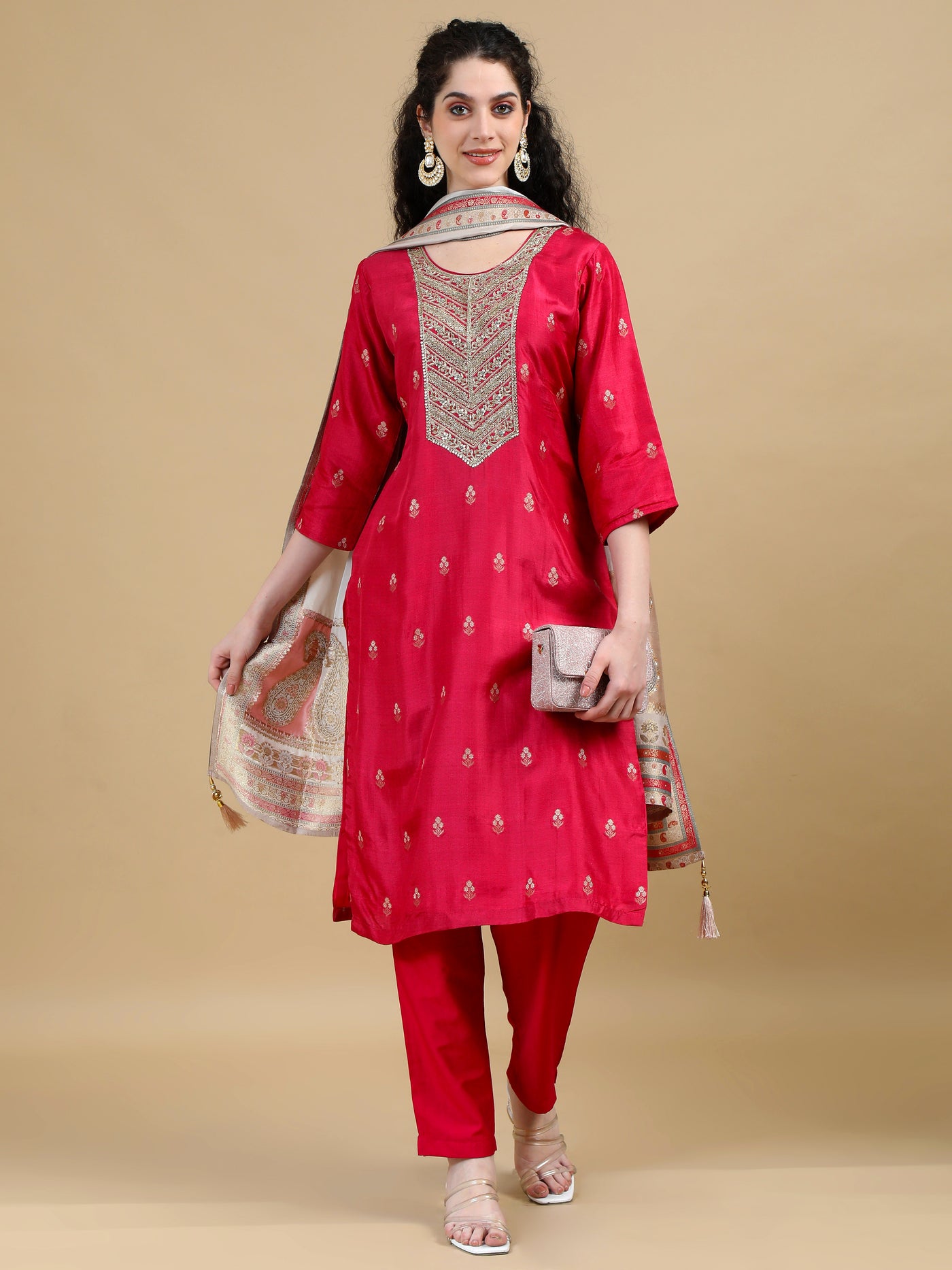 Red Kurta Suit with Gold Accents and Contrasting Dupatta