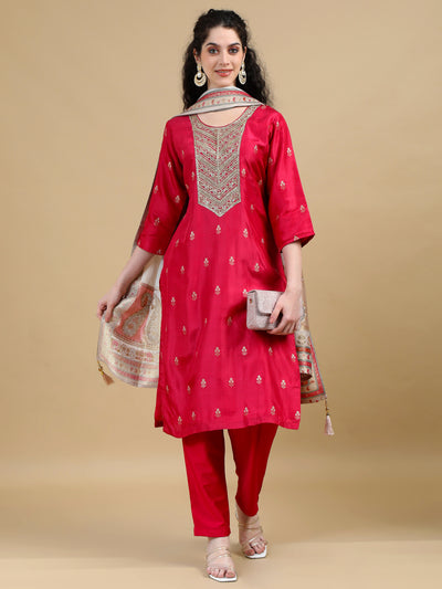 Red Kurta Suit with Gold Accents and Contrasting Dupatta