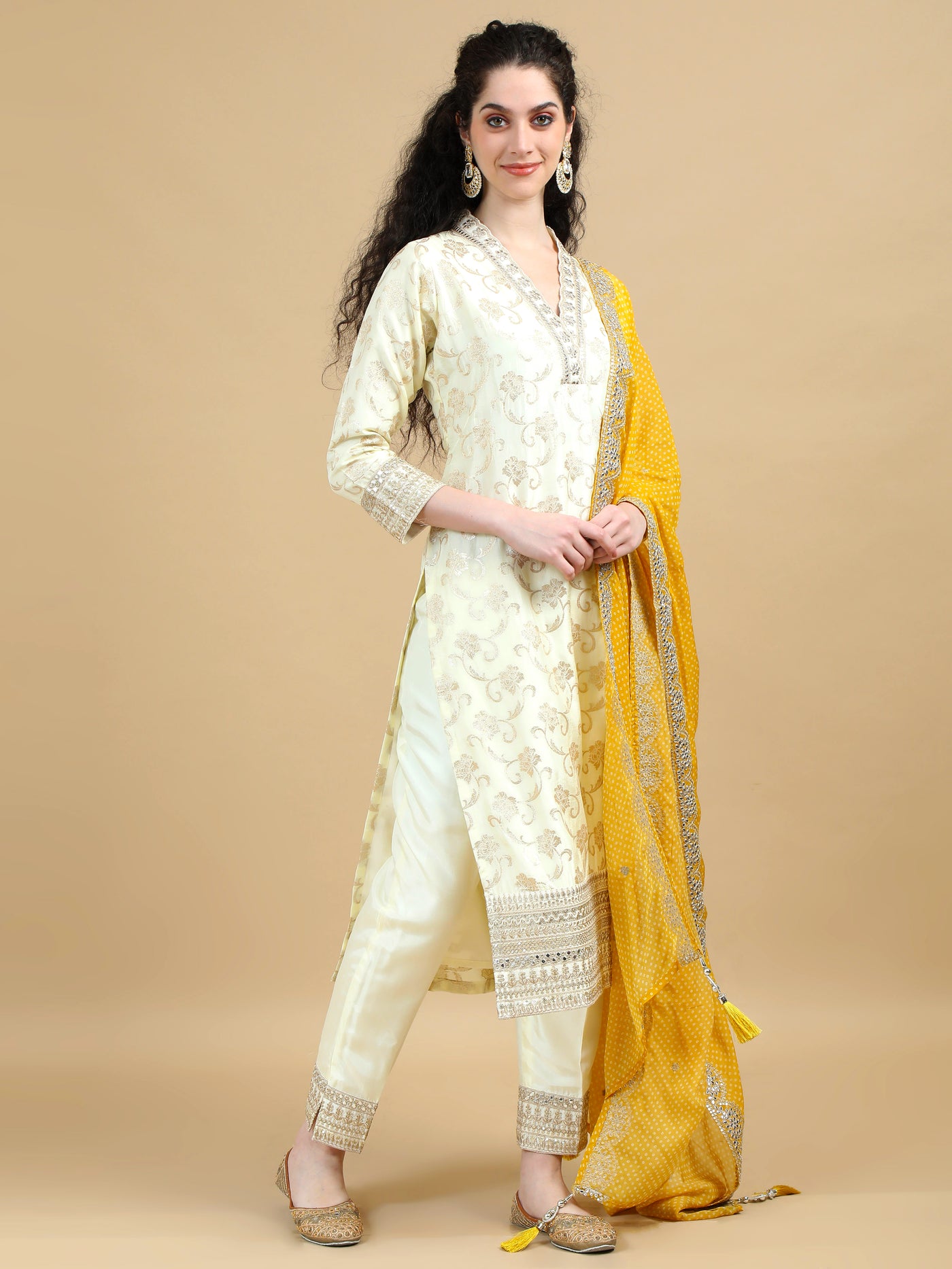 Ivory Kurta Set with Gold Embroidered and Contrasting Mustard Dupatta