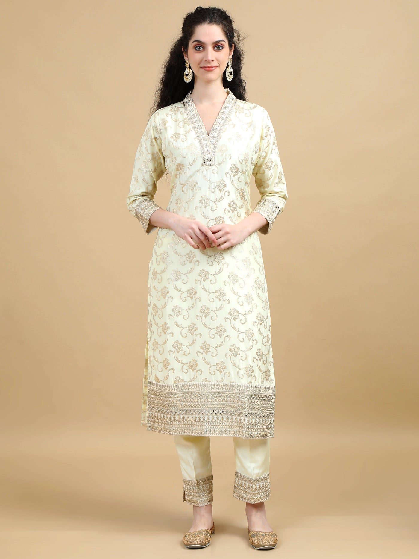 Ivory Kurta Set with Gold Embroidered and Contrasting Mustard Dupatta