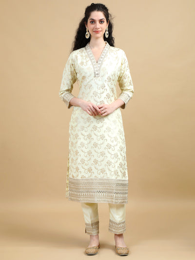 Ivory Kurta Set with Gold Embroidered and Contrasting Mustard Dupatta