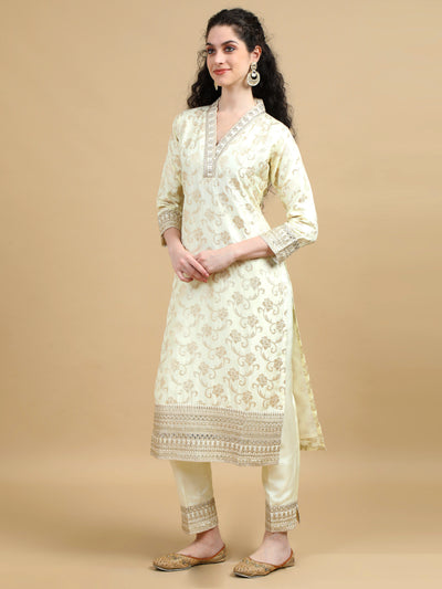 Ivory Kurta Set with Gold Embroidered and Contrasting Mustard Dupatta