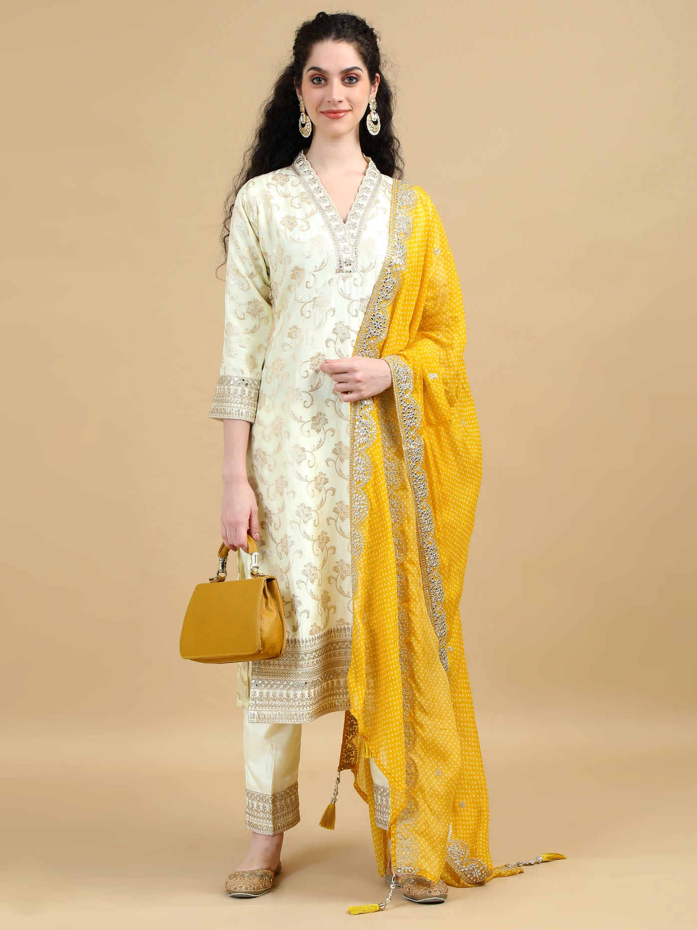 Ivory Kurta Set with Gold Embroidered and Contrasting Mustard Dupatta