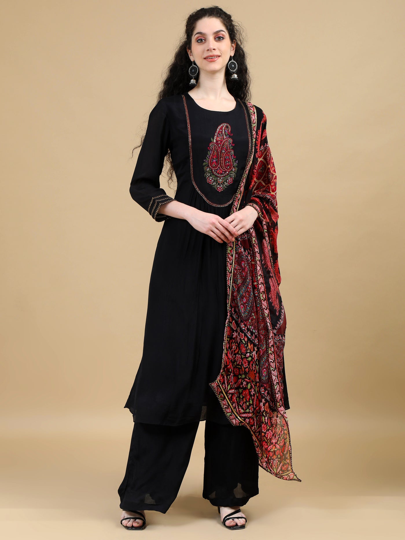 Black Kurta Suit with Paisley Embroidered Yoke and Contrasting Dupatta