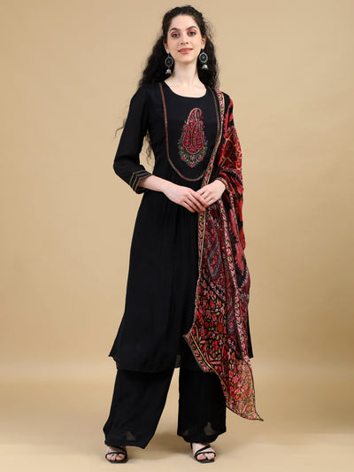 Black Kurta Suit with Paisley Embroidered Yoke and Contrasting Dupatta
